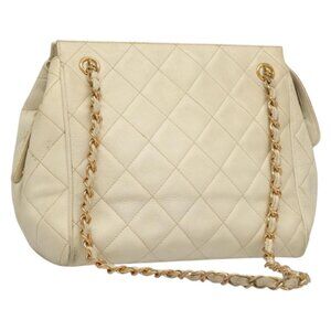 CHANEL Matelasse Chain Shoulder Bag Grained Calf Skin White Gold CC Auth 132097